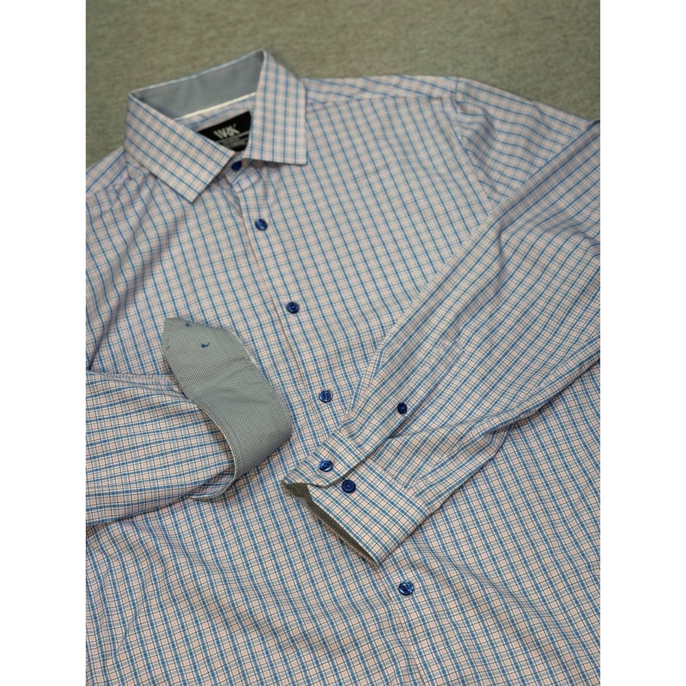 WRK NYC 4-Way Stretch Performance Plaid Button Down Shirt Blue Pink Mens 15.5 M